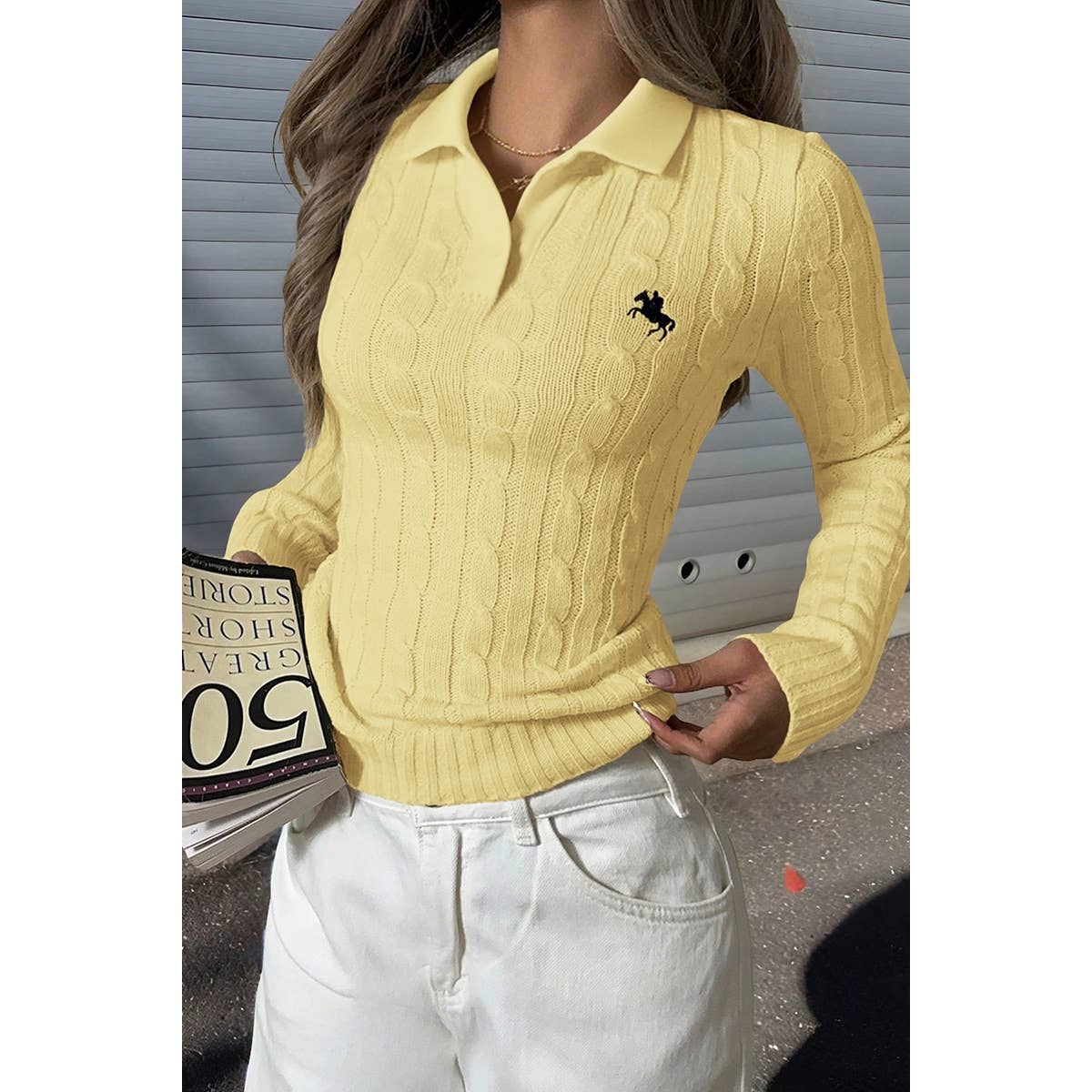 Solid Cable Knit Long Sleeve Fit Sweater - BBHGWM