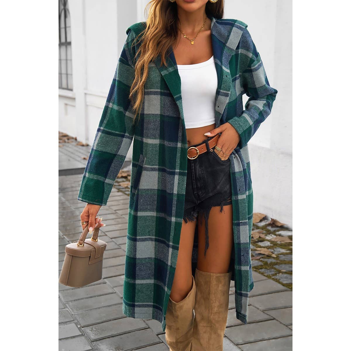 Button Hood Plaid Flannel Trench Corduroy Coat - BBHGWM