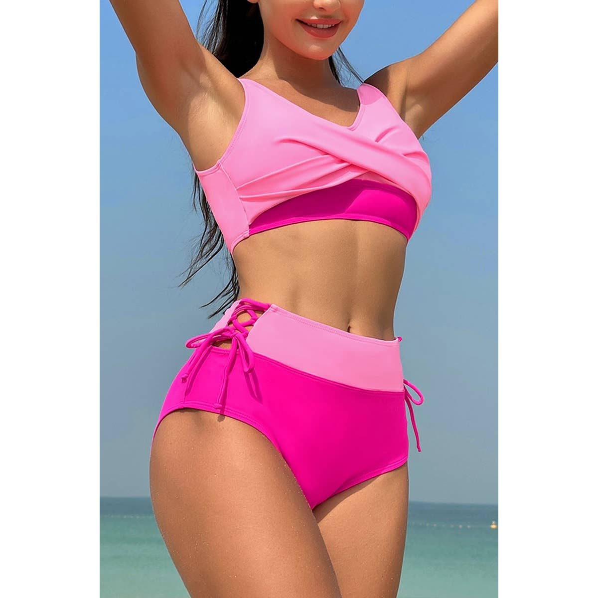 Cross Color Block Two Pieces Sleeveless Swimsuits - BBHGWM