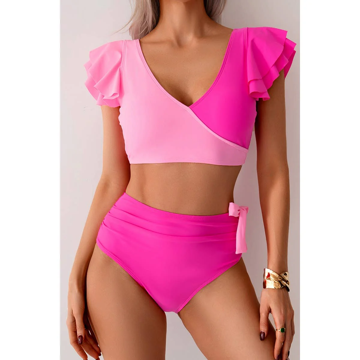 V Neck Two Piece Ruffled High Waisted Swimsuit - BBHGWM