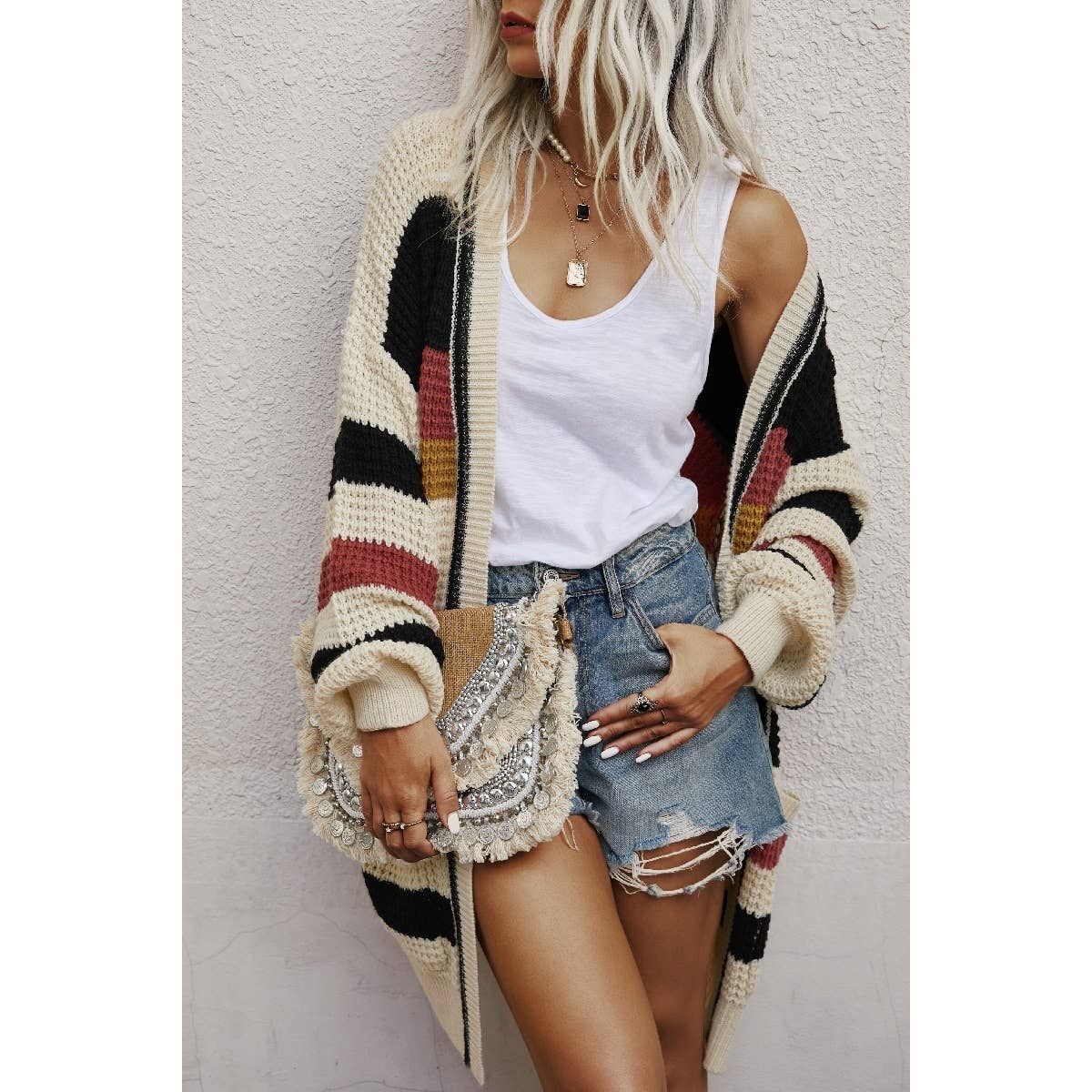Knit Striped Color Block Jumper Long Sleeve Cardigan - BBHGWM