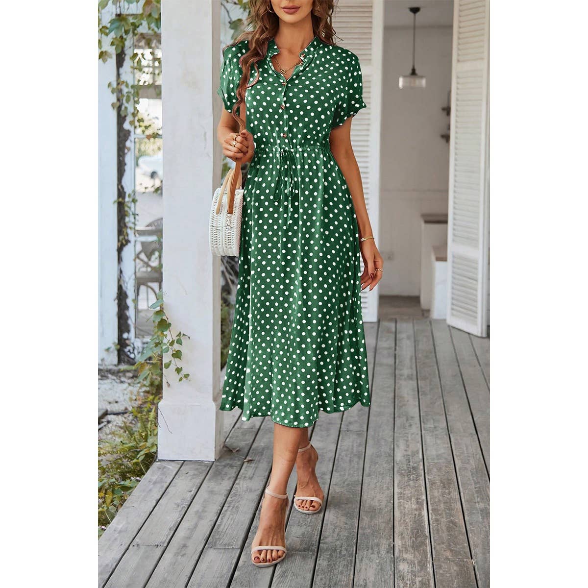 Polka Dot V Neck Button Belt Long Dress - BBHGWM