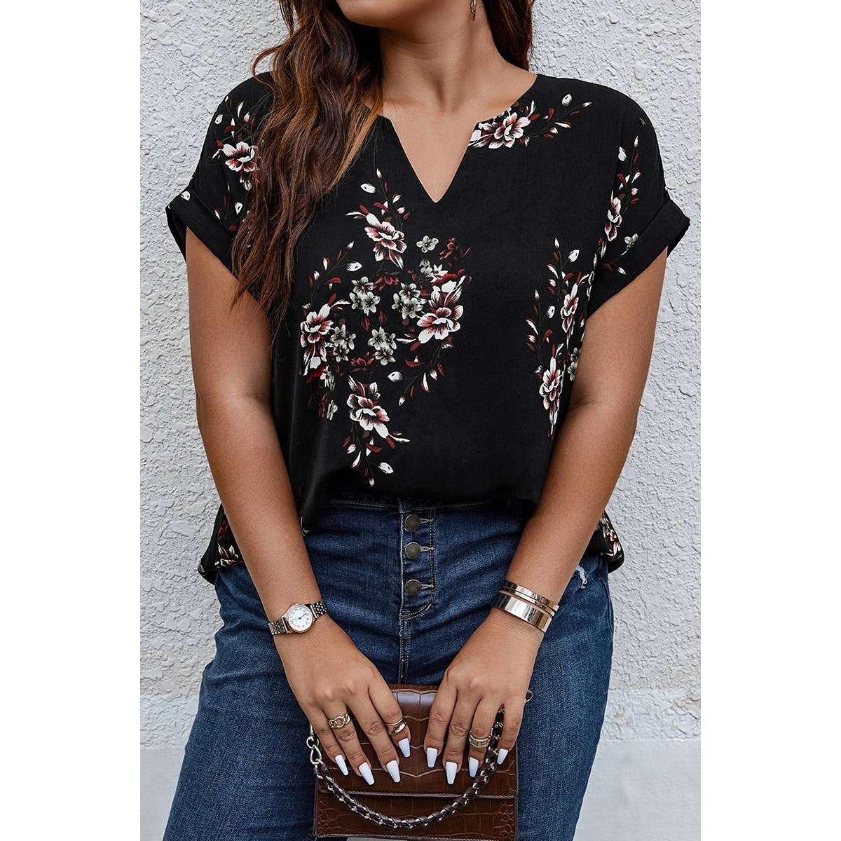 Plus Size Floral Print V Neck Loose Blouse - BBHGWM
