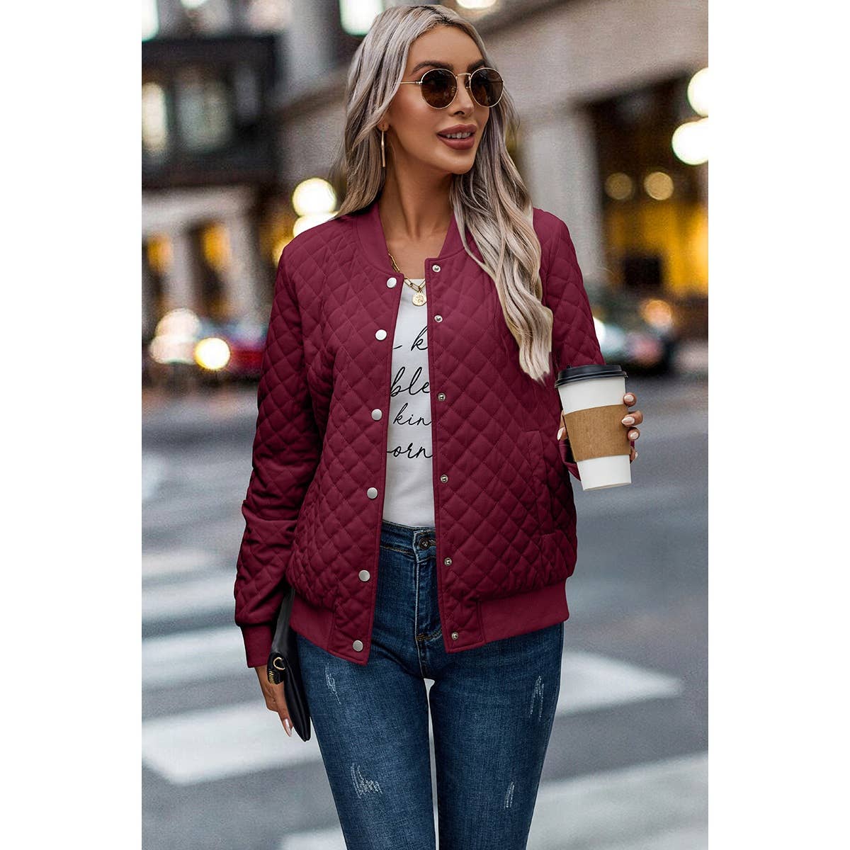 Solid Plaid Stitch Pockets Bomber Jacket - BBHGWM