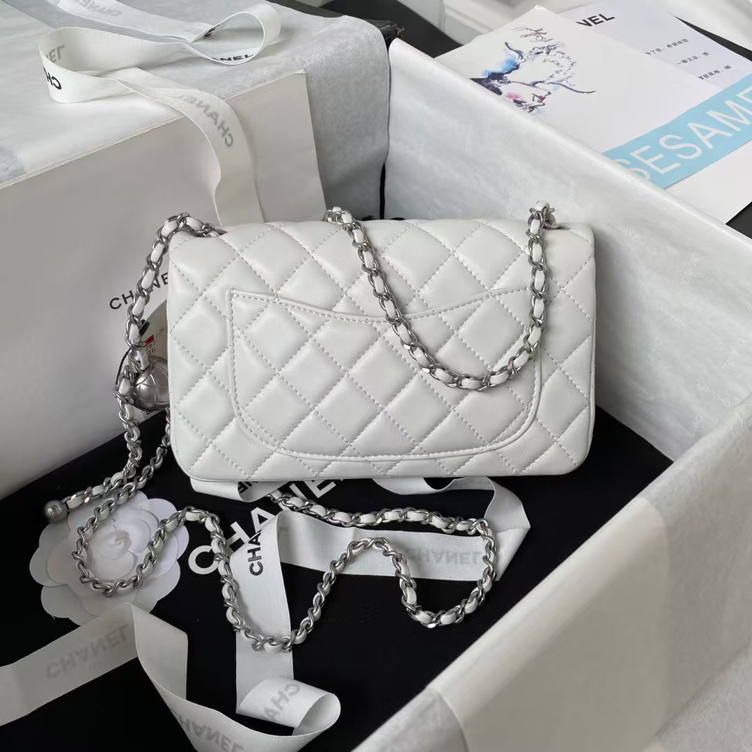 Replicate Chanel 23K AS1787 Mini Pearl Embossed Rectangular Flap Bag Lambskin Brushed Silver Metal Hardware White(1:1 replica)