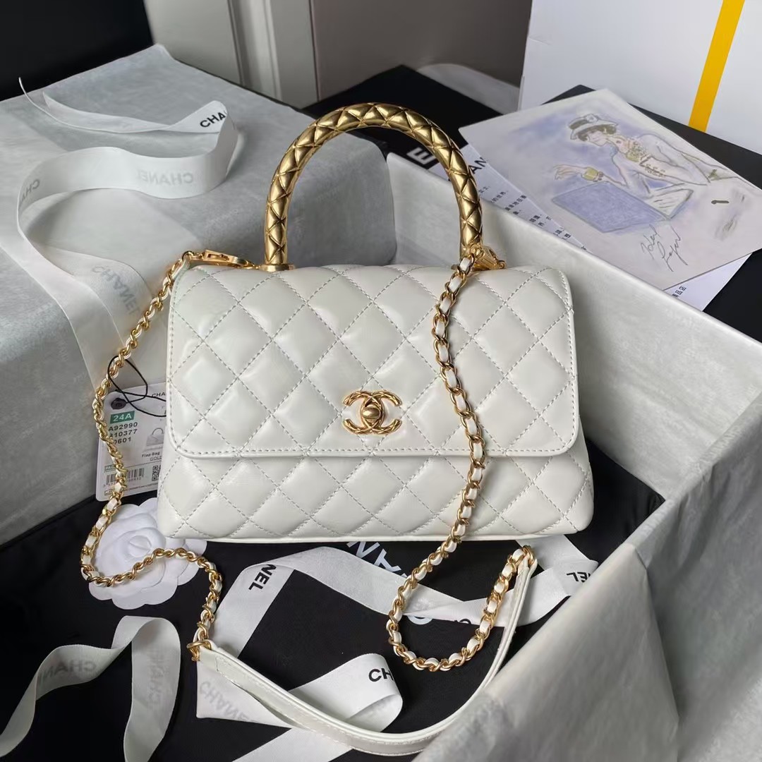 Replicate Chanel A92990 Small Flap Bag With Top Handle White Shiny Calfskin White(1:1 replica)