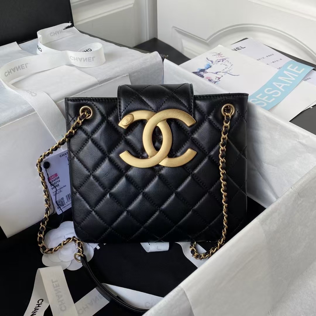 Replicate Chanel 24C AS4596 Vintage Logo Quilted Lambskin Shoulder Bag Black(1:1 replica)