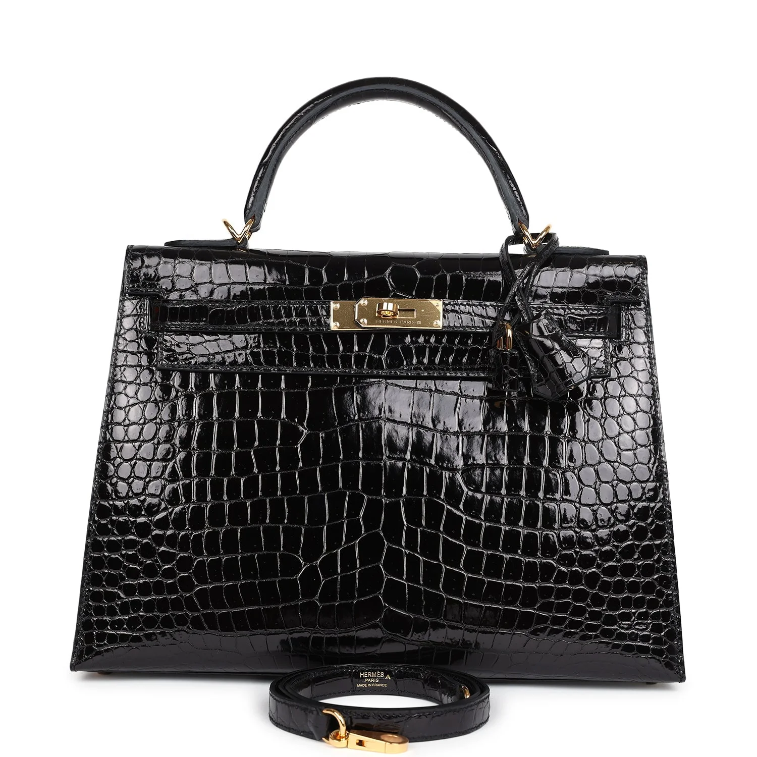 Replicate Hermes Kelly Sellier 32 Black Shiny Porosus Crocodile Gold Hardware(1:1 replica)