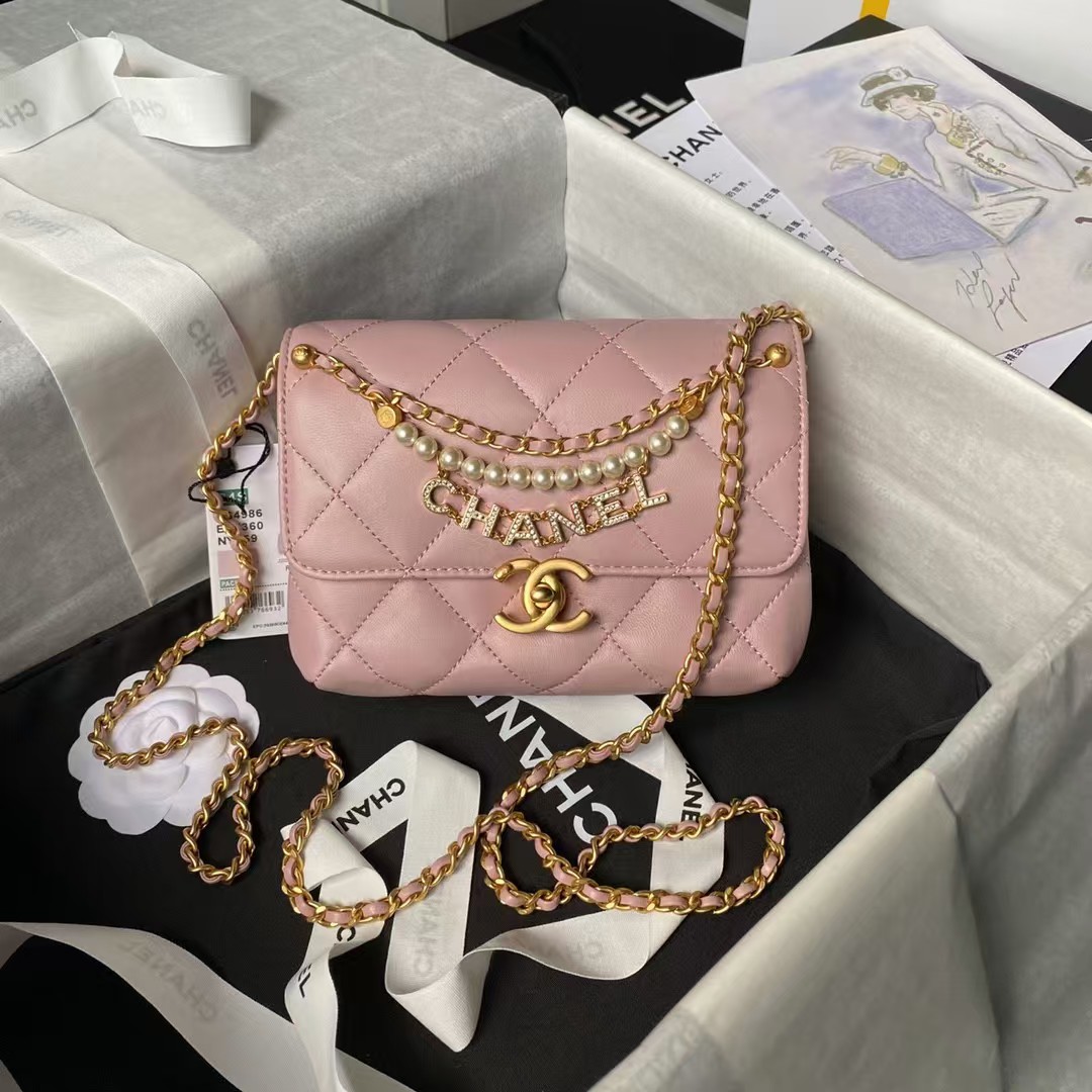 Replicate Chanel AS4986 Mini Flap bag Shiny Lambskin Imitation Pearls   Gold-Tone Metal Pink(1:1 replica)