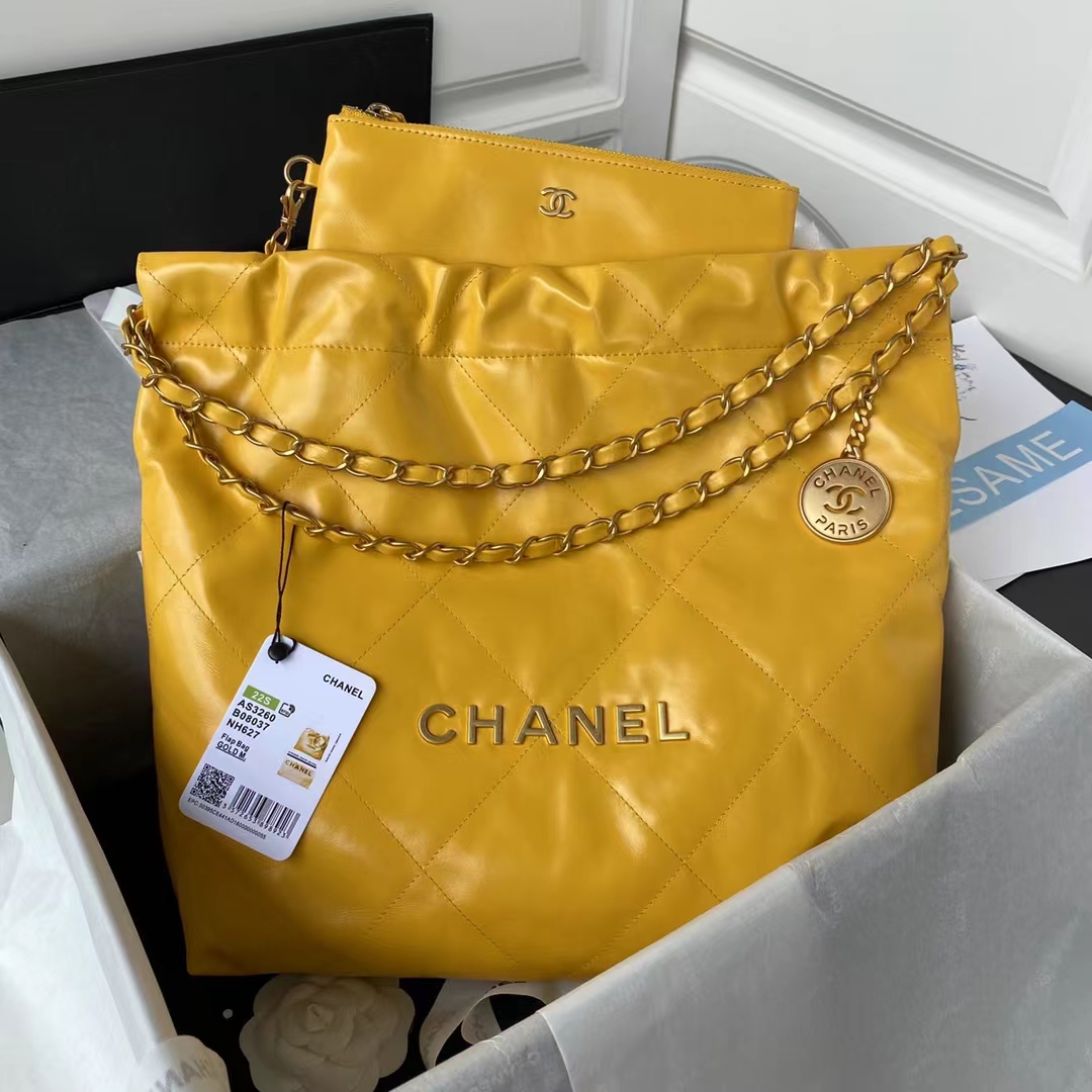 Replicate Chanel 22 AS3260 Small Bag Yellow Calfskin Gold Hardware(1:1 replica)
