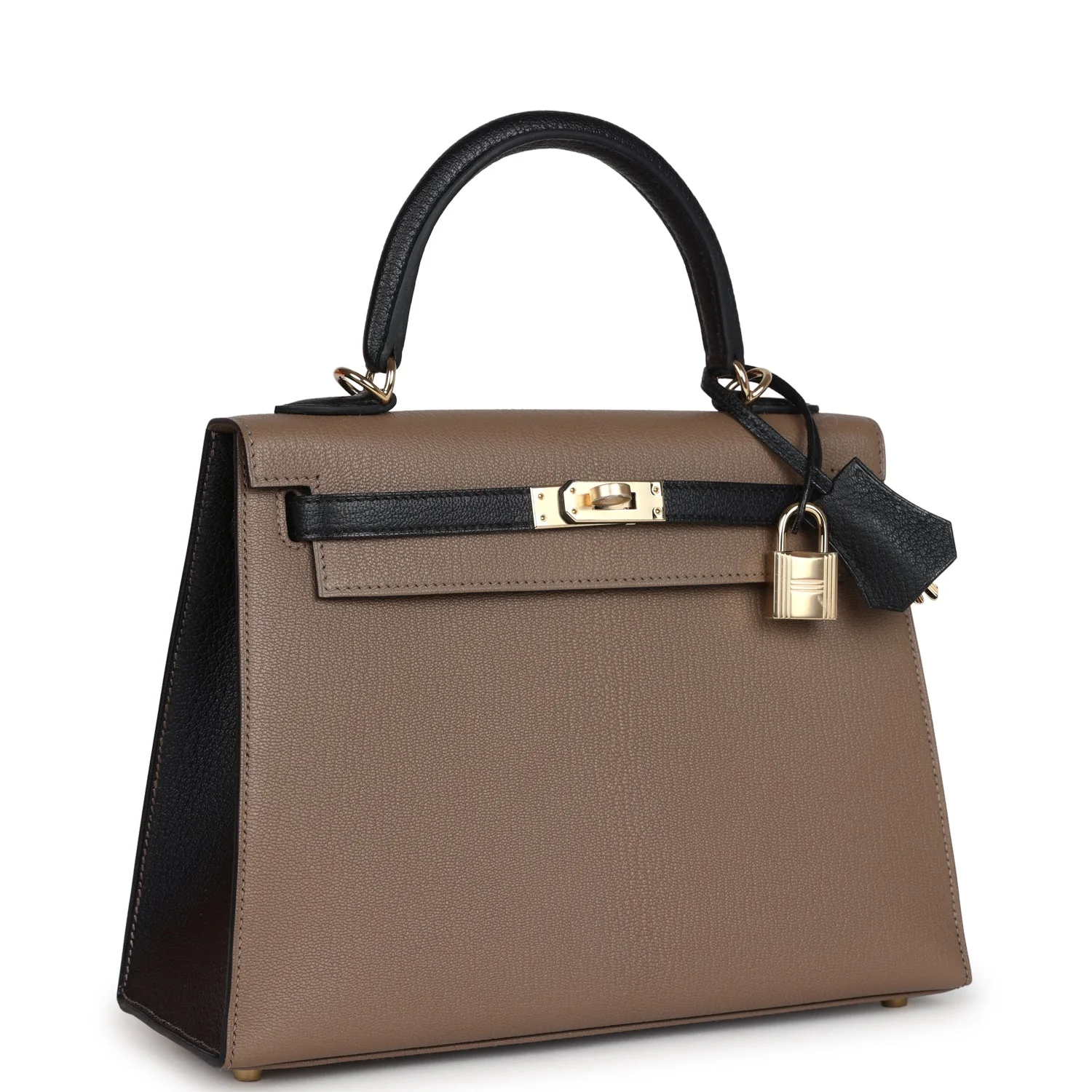 Replicate Hermes Special Order (HSS) Kelly Sellier 25 Black and Etoupe Chevre Mysore Permabrass Hardware(1:1 replica)