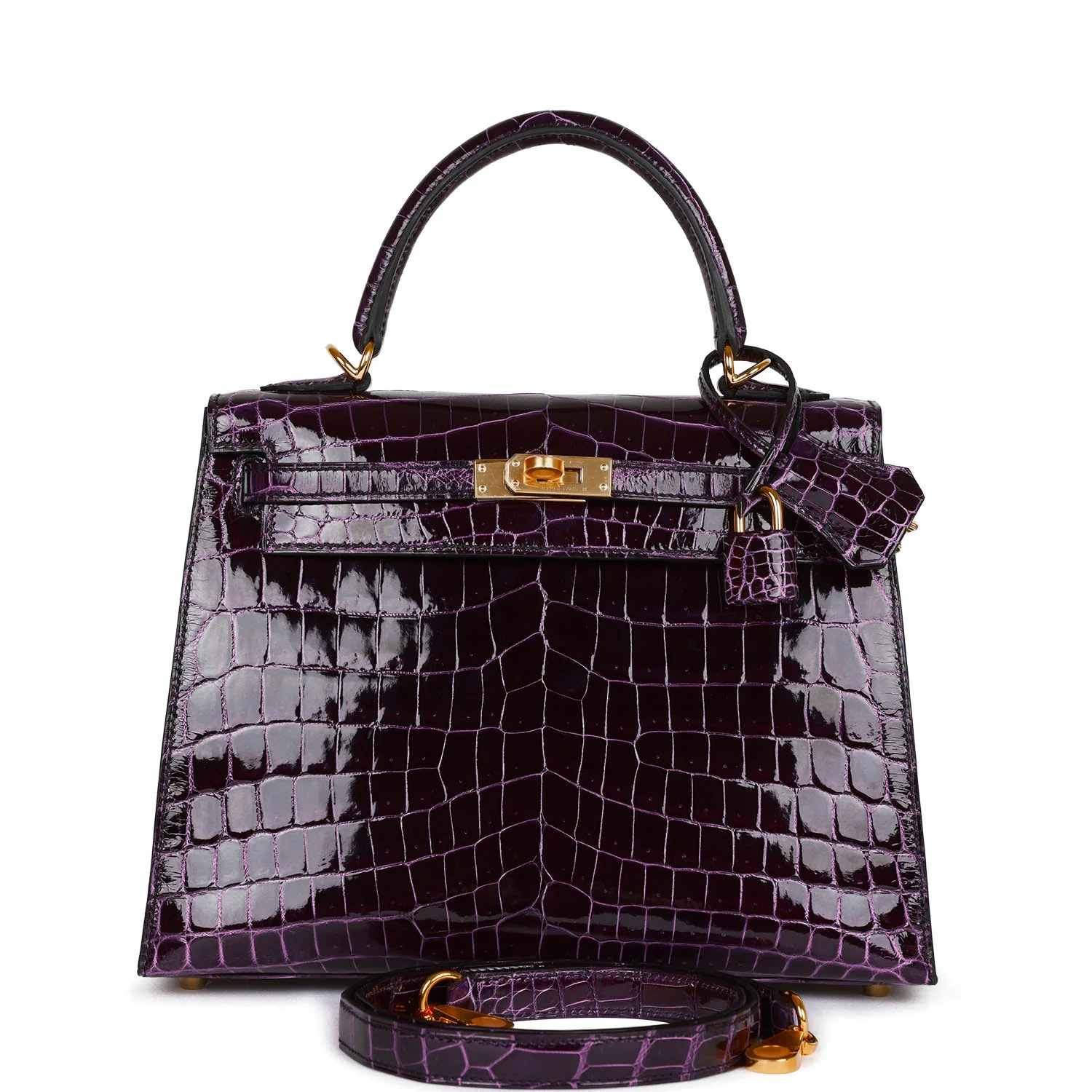 Replicate Hermes Kelly Sellier 25 Aubergine Shiny Niloticus Crocodile Gold Hardware(1:1 replica)