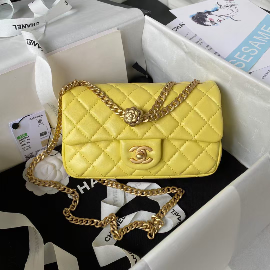 Replicate Chanel 23S AS4041 Mini Camellia Embossed Rectangular Flap Bag Antique Gold Metal Hardware Yellow(1:1 replica)