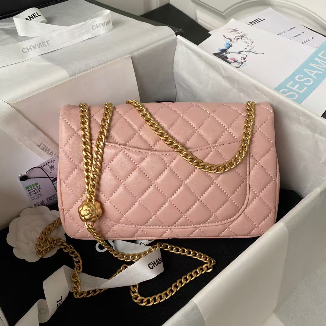 Replicate Chanel 23S AS4064 Camellia Embossed Chain Lambskin Flap Bag Light Pink(1:1 replica)