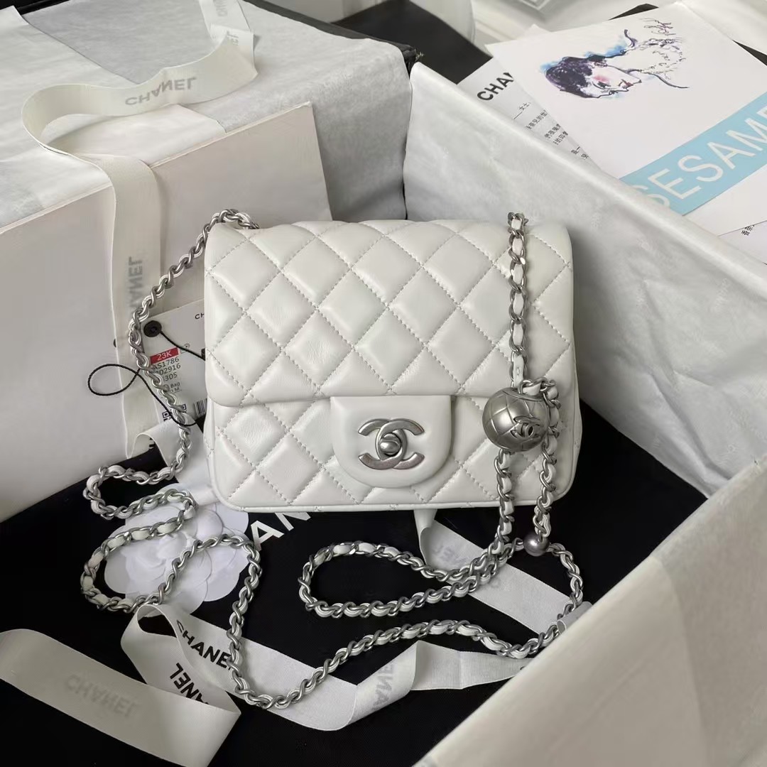 Replicate Chanel 23C AS1786 Mini Square Pearl Embossed Flap Bag Antique Silver Hardware White(1:1 replica)