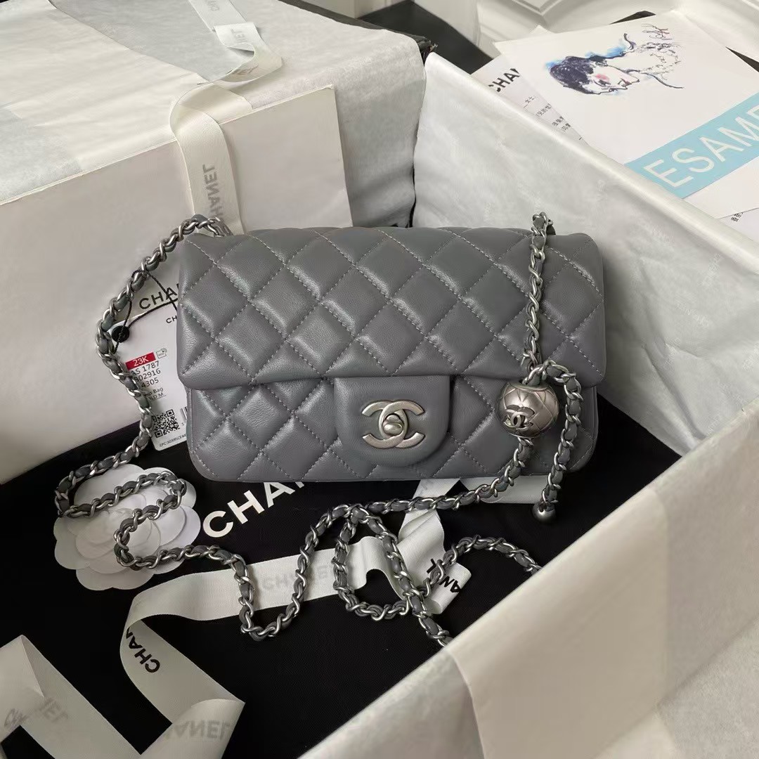 Replicate Chanel 23K AS1787 Mini Pearl Embossed Rectangular Flap Bag Lambskin Brushed Silver Metal Hardware Dark Grey(1:1 replica)