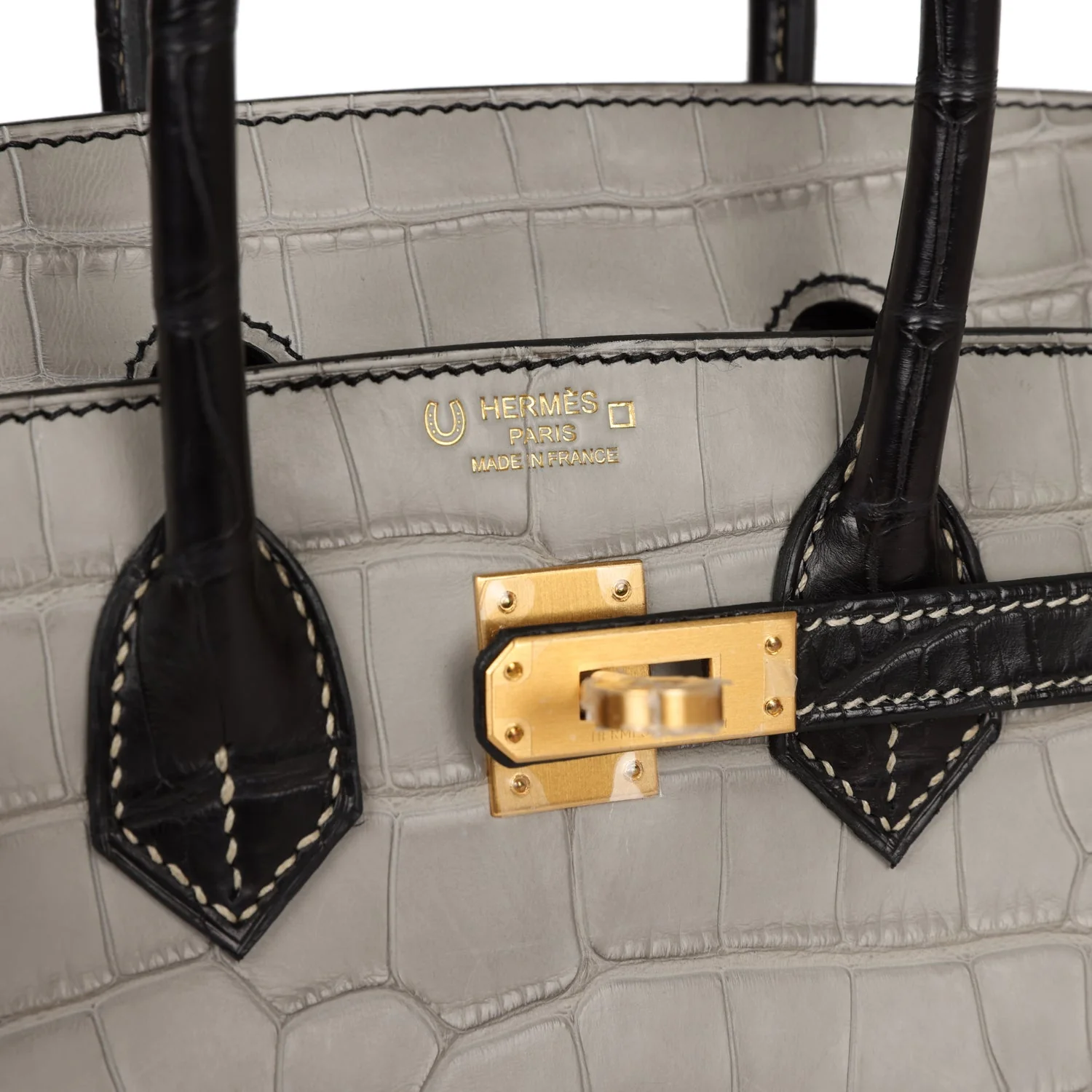 Replicate Hermes Special Order (HSS) Birkin 25 Gris Perle and Black Matte Alligator Mississippienis Brushed Gold Hardware(1:1 replica)