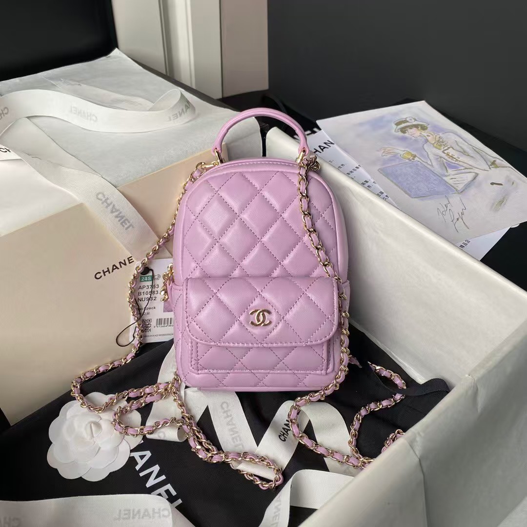 Replicate Chanel 24C AP3573 Mini Backpack Lambskin Gold Metal Purple(1:1 replica)
