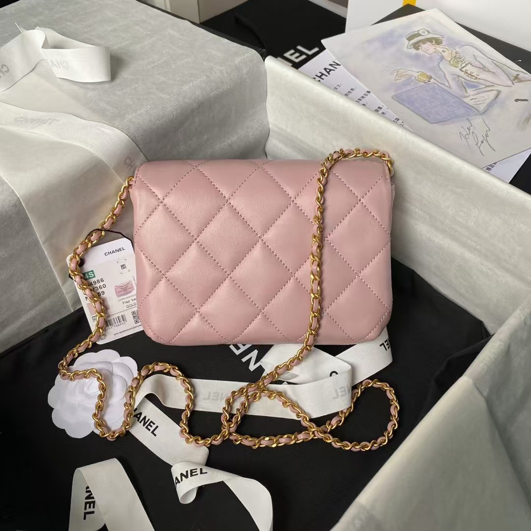 Replicate Chanel AS4986 Mini Flap bag Shiny Lambskin Imitation Pearls   Gold-Tone Metal Pink(1:1 replica)