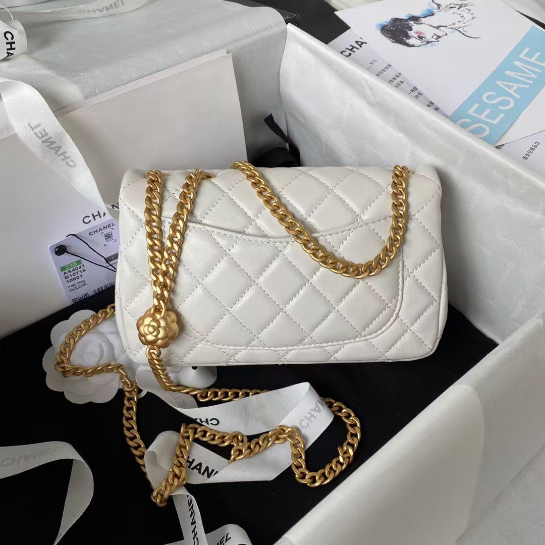 Replicate Chanel 23S AS4041 Mini Camellia Embossed Rectangular Flap Bag Antique Gold Hardware White(1:1 replica)