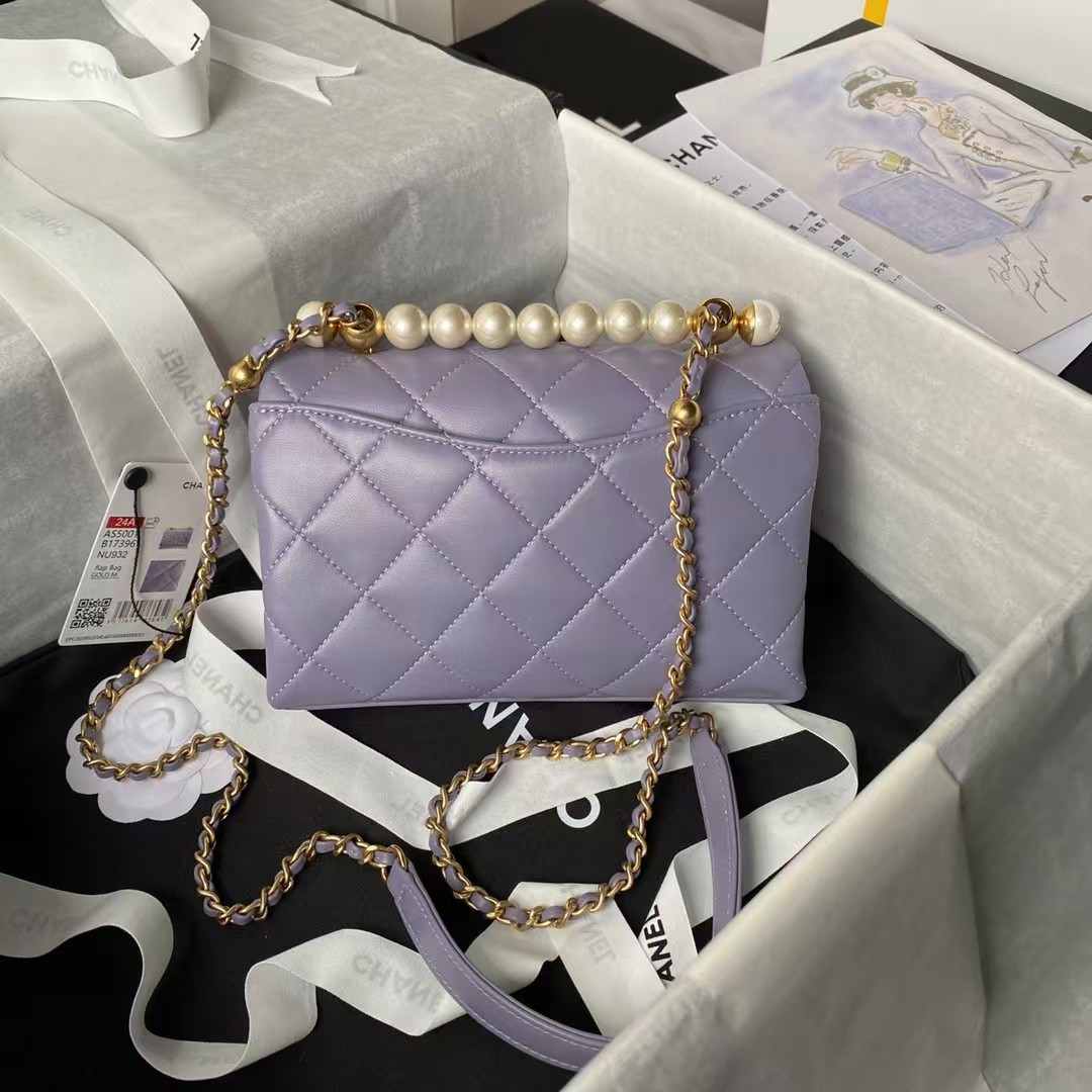 Replicate Chanel AS5001 Mini Flap Bag Top Handle Shiny Lambskin Faux Pearl   Gold Metallic Purple(1:1 replica)