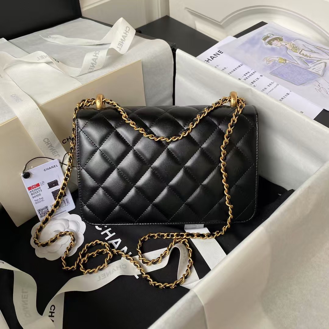 Replicate Chanel AS2649 Chain Bag With Gold Charm Small Vintage Calfskin Bag Black(1:1 replica)