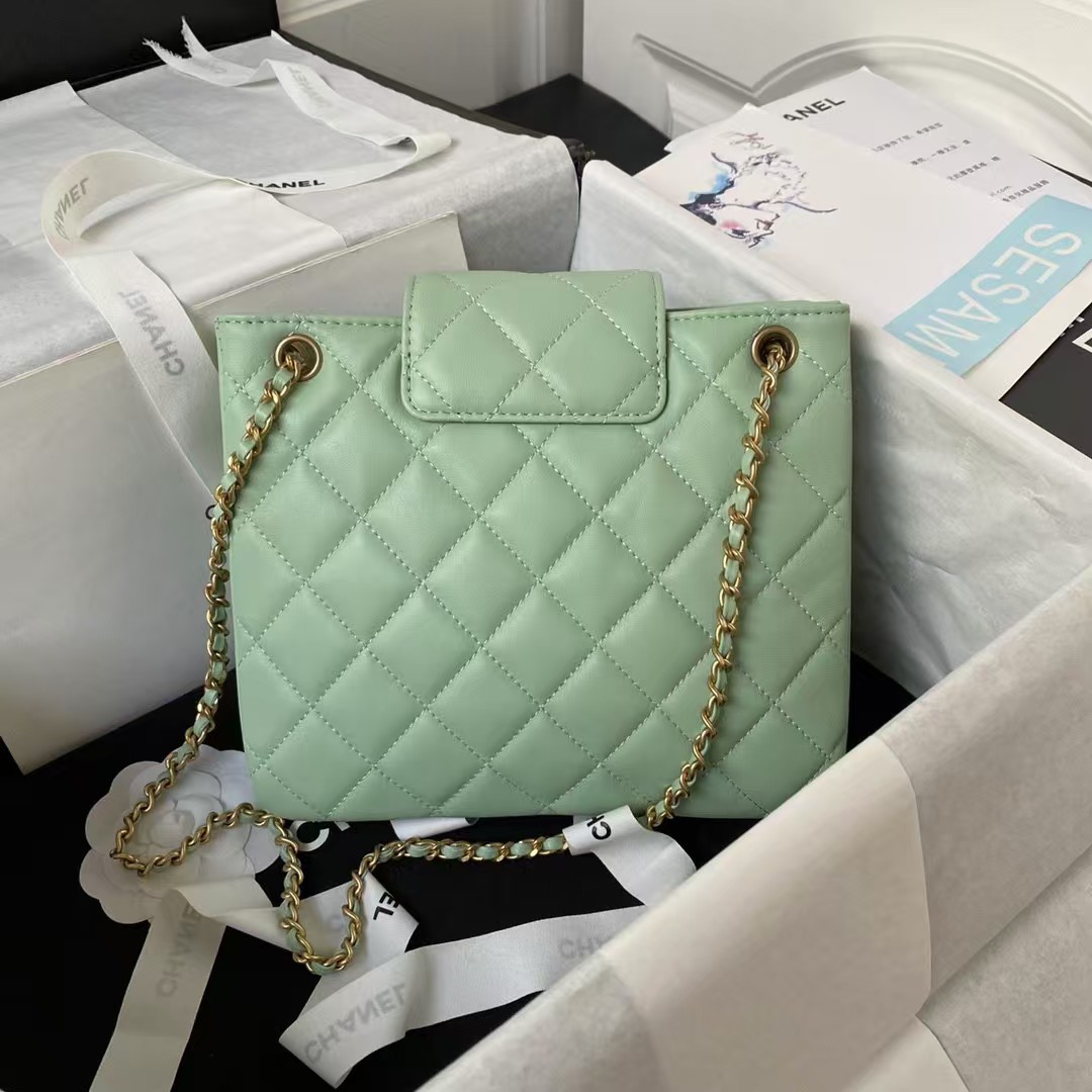 Replicate Chanel 24C AS4596 Vintage Logo Quilted Lambskin Shoulder Bag Light Green(1:1 replica)