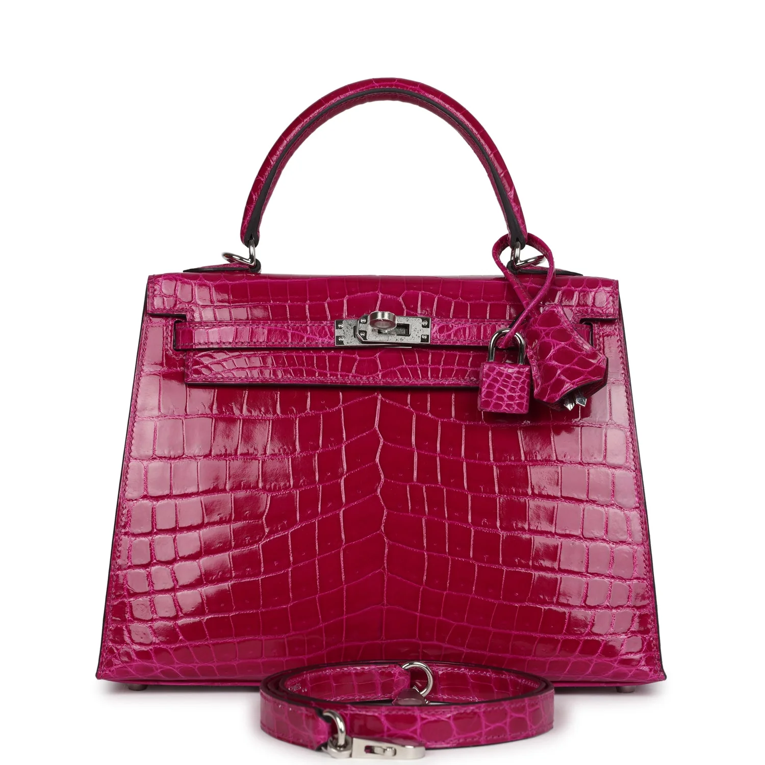 Replicate Hermes Kelly Sellier 25 Rose Pourpre Shiny Niloticus Crocodile Palladium Hardware(1:1 replica)