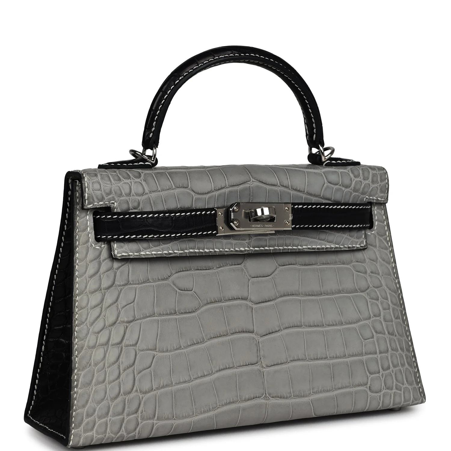 Replicate Hermes Special Order (HSS) Kelly Sellier 20 Gris Perle and Black Matte Alligator Palladium Hardware(1:1 replica)