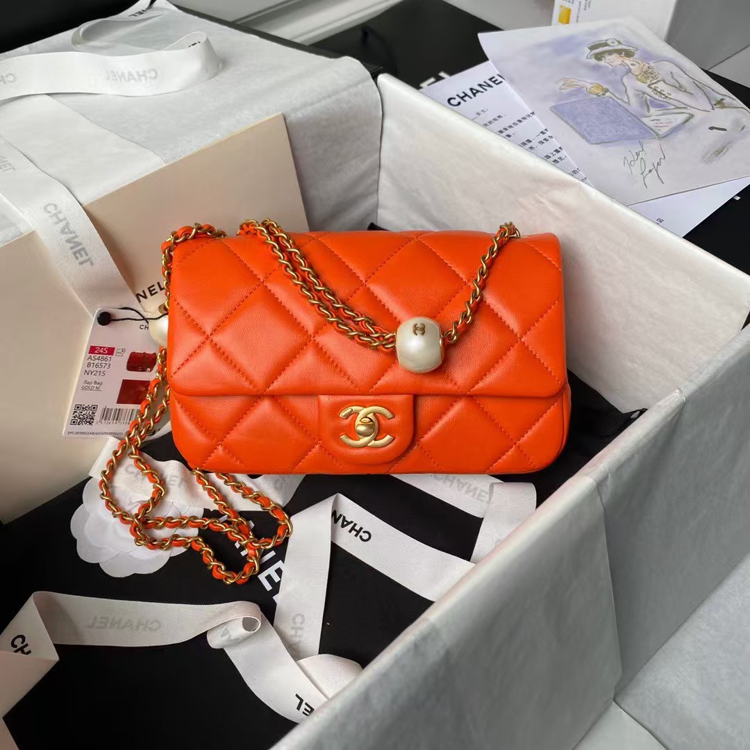 Replicate Chanel AS4861 Small Flap Bag Pearl Lambskin Faux Pearl   Gold Metal Orange(1:1 replica)