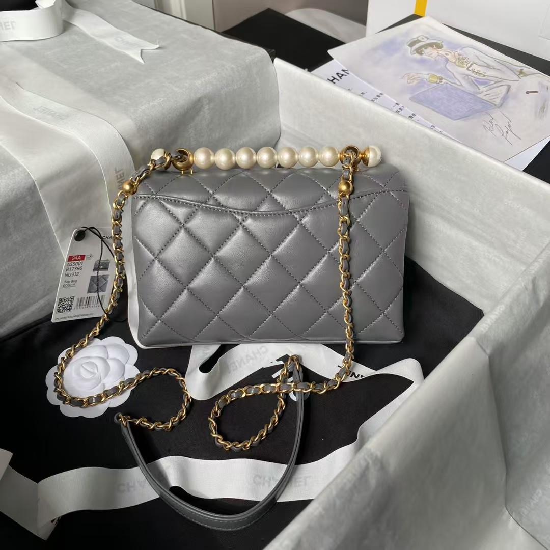 Replicate Chanel AS5001 Mini Flap Bag Top Handle Shiny Lambskin Imitation Pearl   Gold Metallic Grey(1:1 replica)
