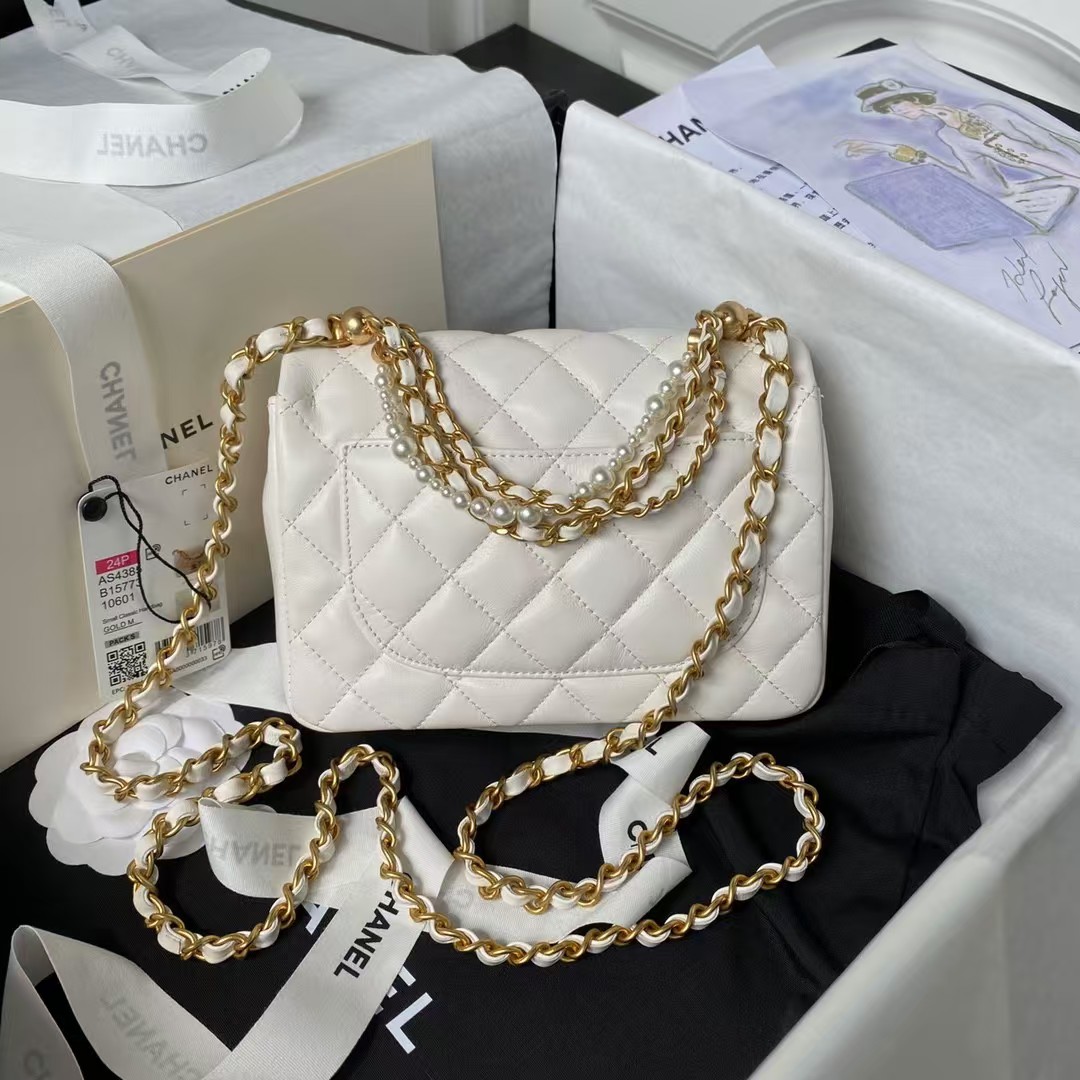 Replicate Chanel AS4385 Mini Flap Bag Pearl Lambskin Faux Pearl   Gold Metal White(1:1 replica)