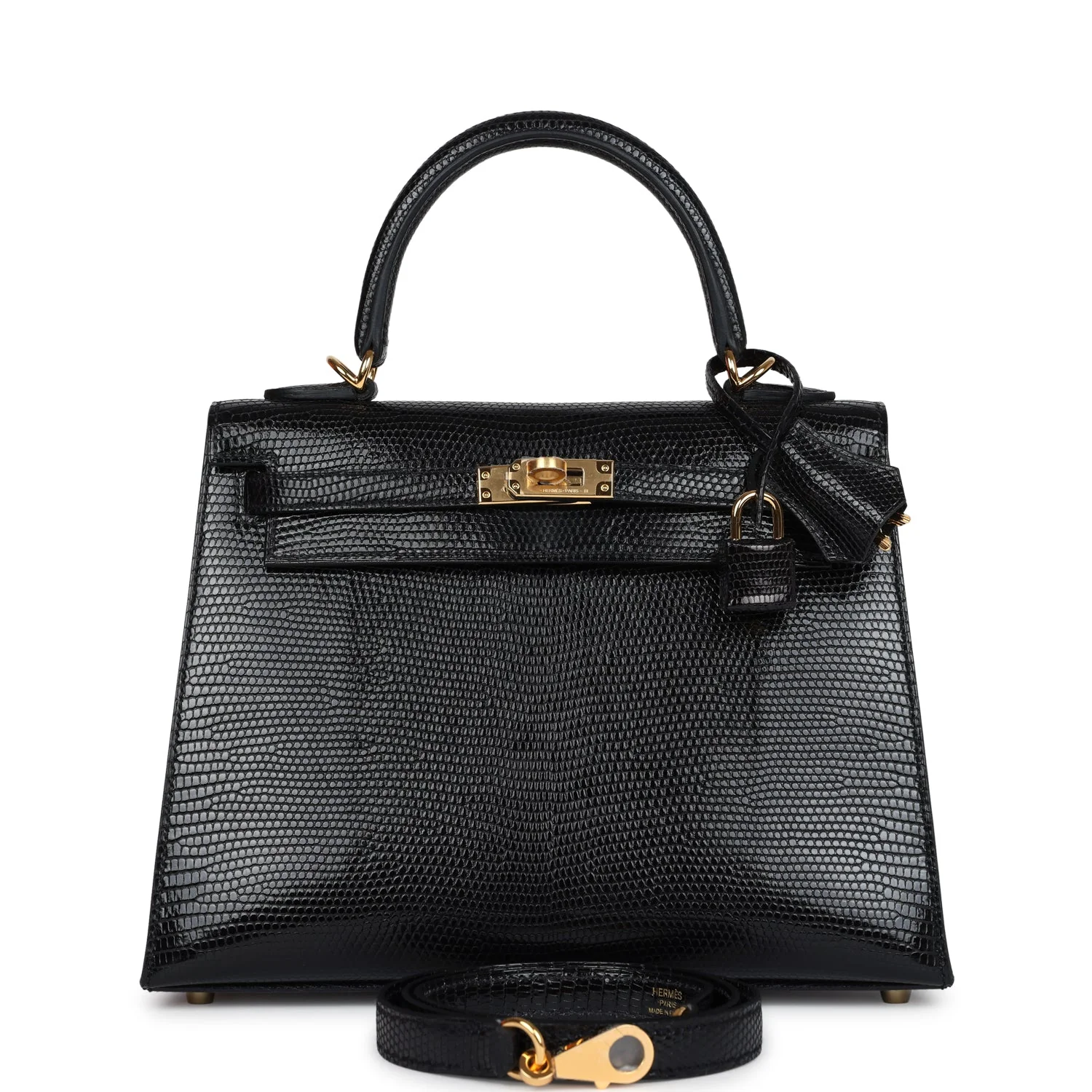 Replicate Hermes Kelly Sellier 25 Black Varanus Niloticus Lizard Gold Hardware(1:1 replica)
