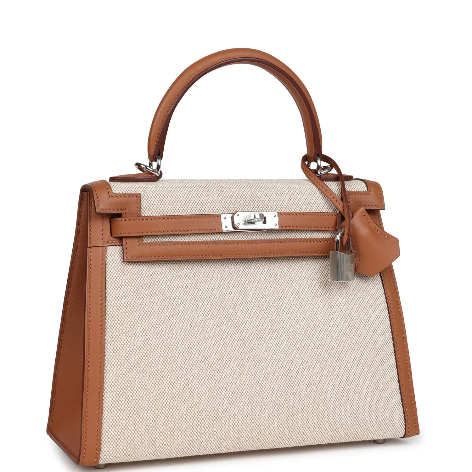 Replicate Hermes Kelly Sellier 25 Gold Swift and Ecru Toile Palladium Hardware(1:1 replica)