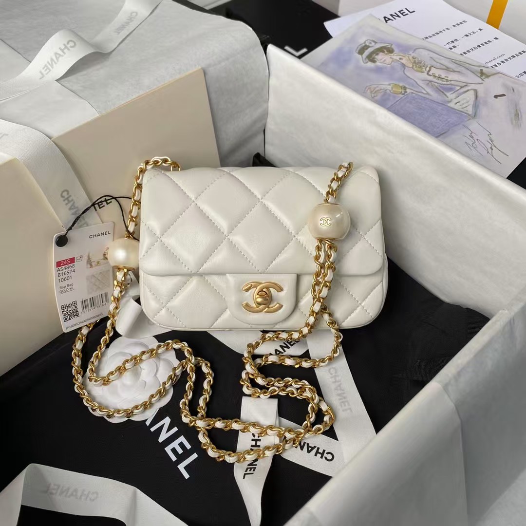 Replicate Chanel AS4868 Mini Flap Bag Pearl Lambskin Faux Pearl   Gold Metal White(1:1 replica)