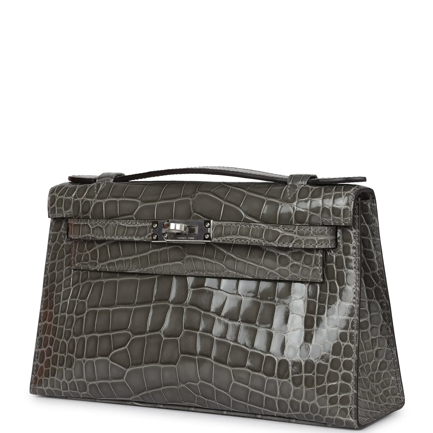 Replicate Hermes Kelly Pochette Gris Ciment Shiny Alligator Palladium Hardware(1:1 replica)