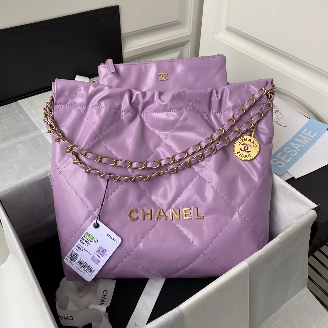 Replicate Chanel 22 AS3260 Small Bag Purple Calfskin Gold Hardware(1:1 replica)