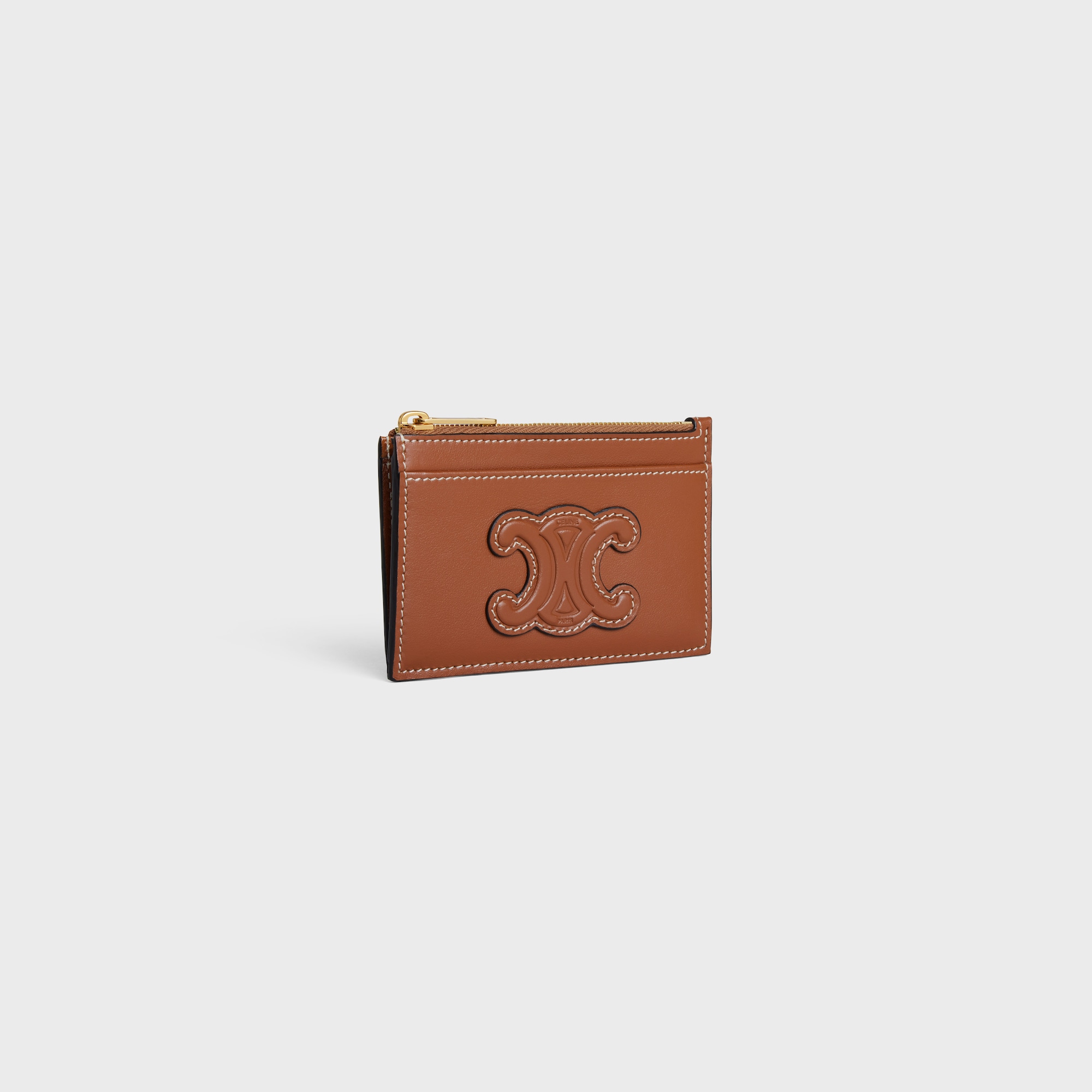 Replicate ZIPPED CARD HOLDER CUIR TRIOMPHE IN SHINY CALFSKIN TAN(1:1 replica)