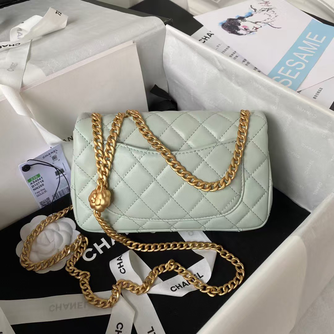 Replicate Chanel 23S AS4041 Mini Camellia Embossed Rectangular Flap Bag Antique Gold Hardware Light Green(1:1 replica)