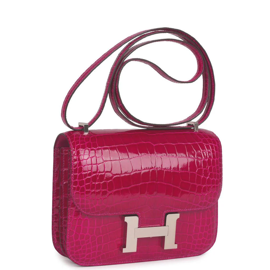 Replicate Hermes Constance 18 Rose Pourpre Shiny Alligator Palladium Hardware(1:1 replica)