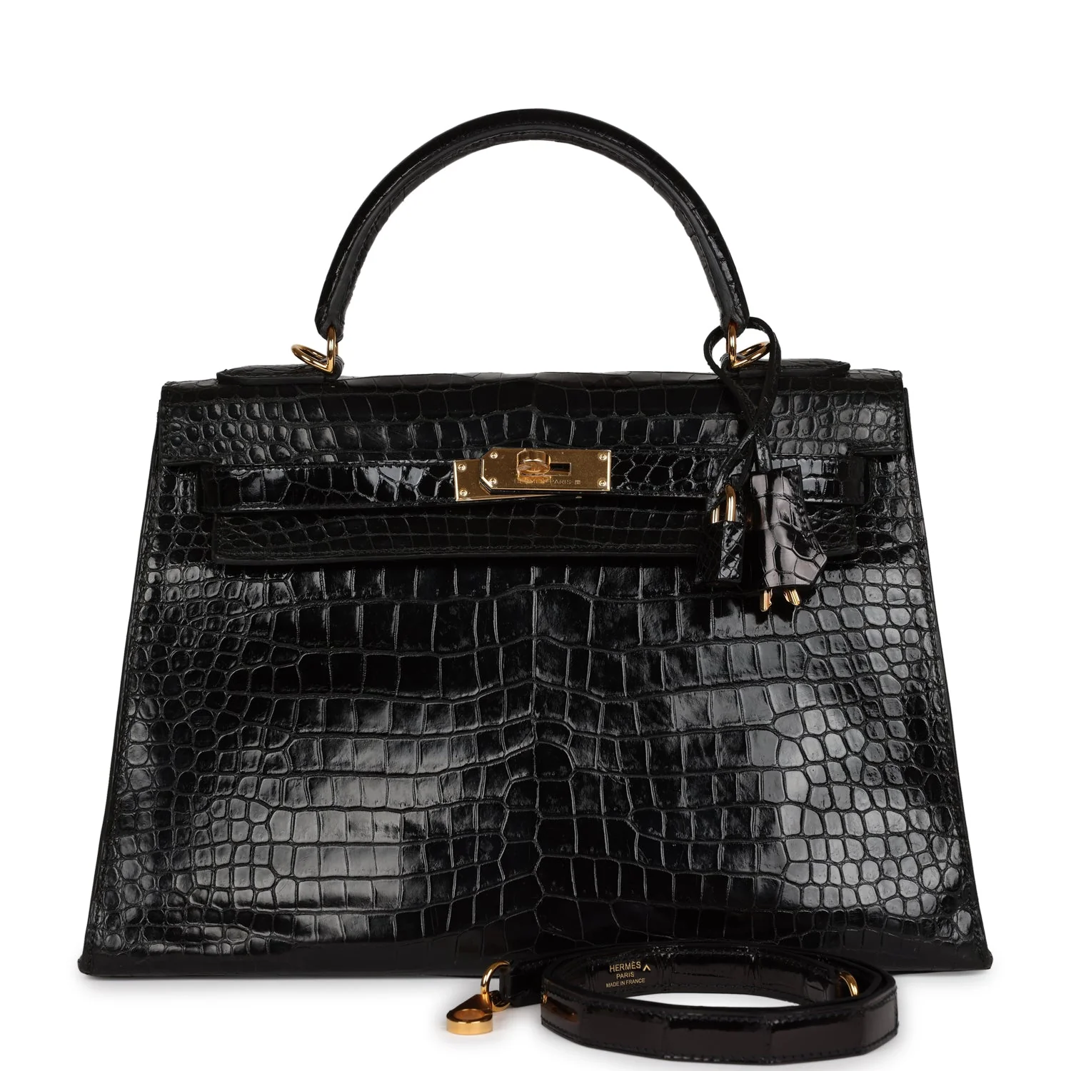 Replicate Vintage Hermes Kelly Sellier 32 Black Shiny Porosus Crocodile Gold Hardware(1:1 replica)
