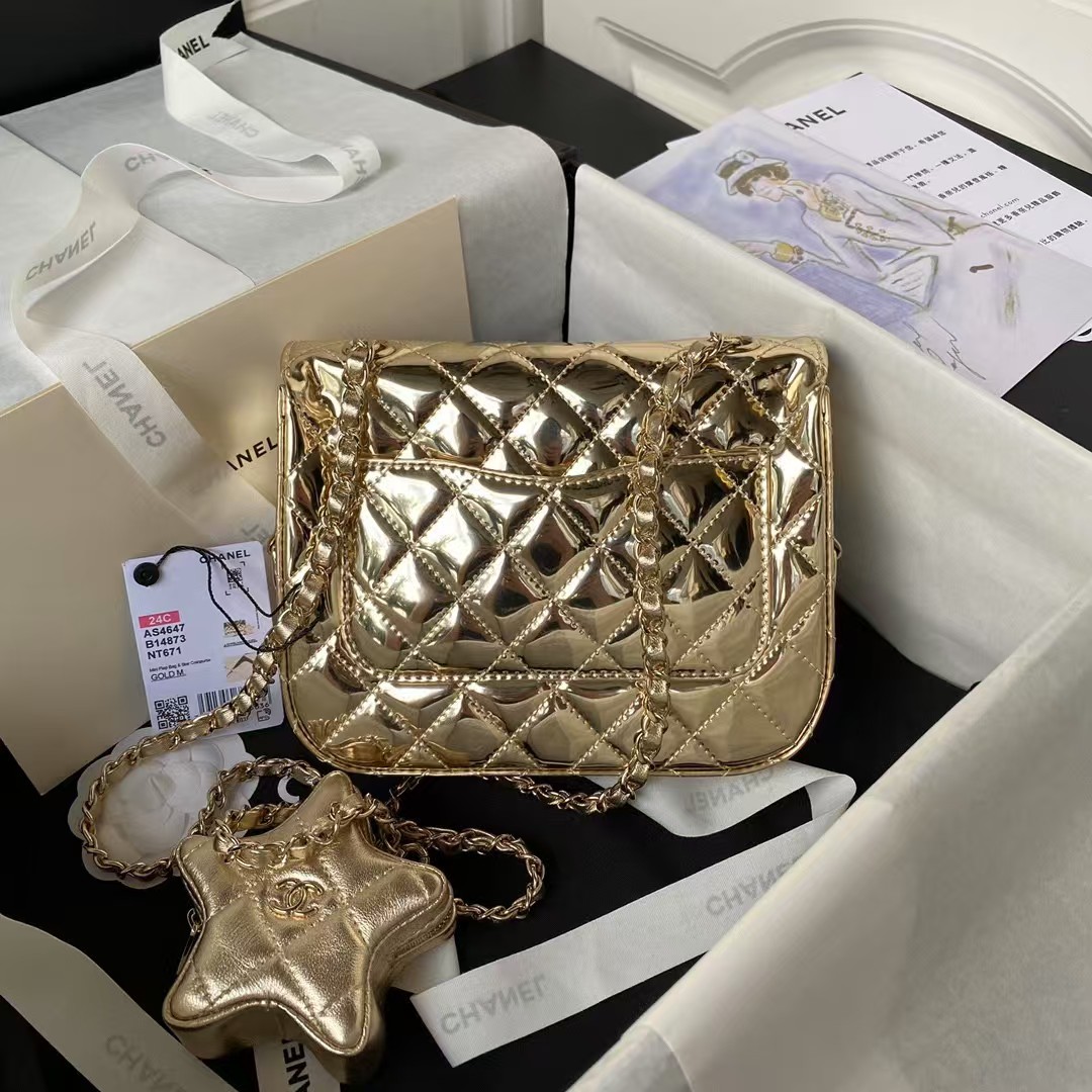 Replicate Chanel AS4647 Mini Flap Bag With Star Coin Purse Metallic Calfskin   Gold Metallic Gold(1:1 replica)