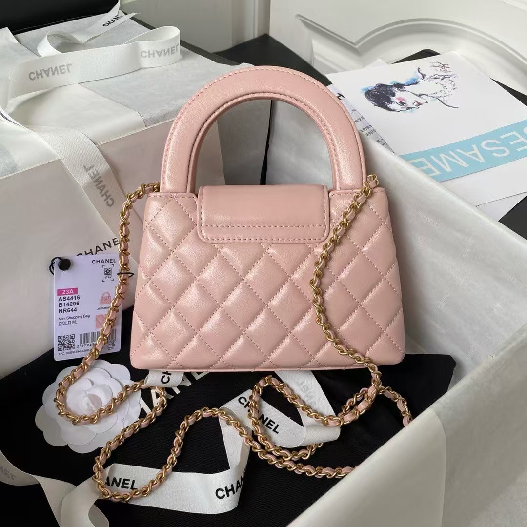 Replicate Chanel AS4416 Mini Shopping Bag Shiny Aged Calfskin Gold Tone Metal Light Pink(1:1 replica)