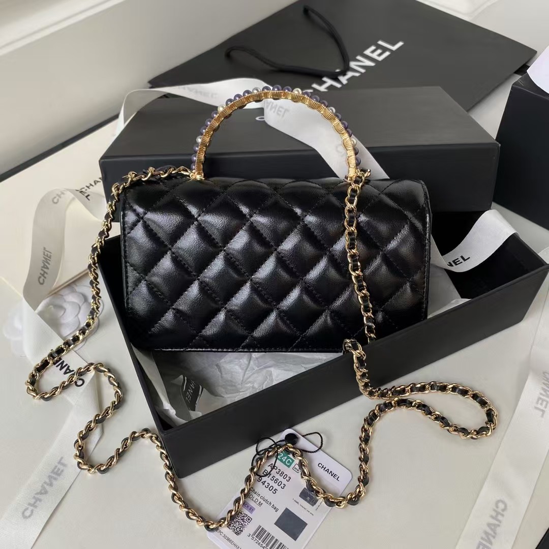 Replicate Chanel 24P AP3803 Shiny Crinkled Lambskin Chain Clutch Pearl Handle Black(1:1 replica)