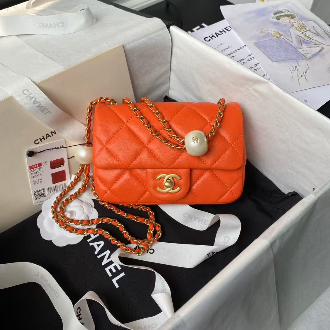 Replicate Chanel AS4868 Mini Flap Bag Pearl Lambskin Faux Pearl   Gold Metal Orange(1:1 replica)