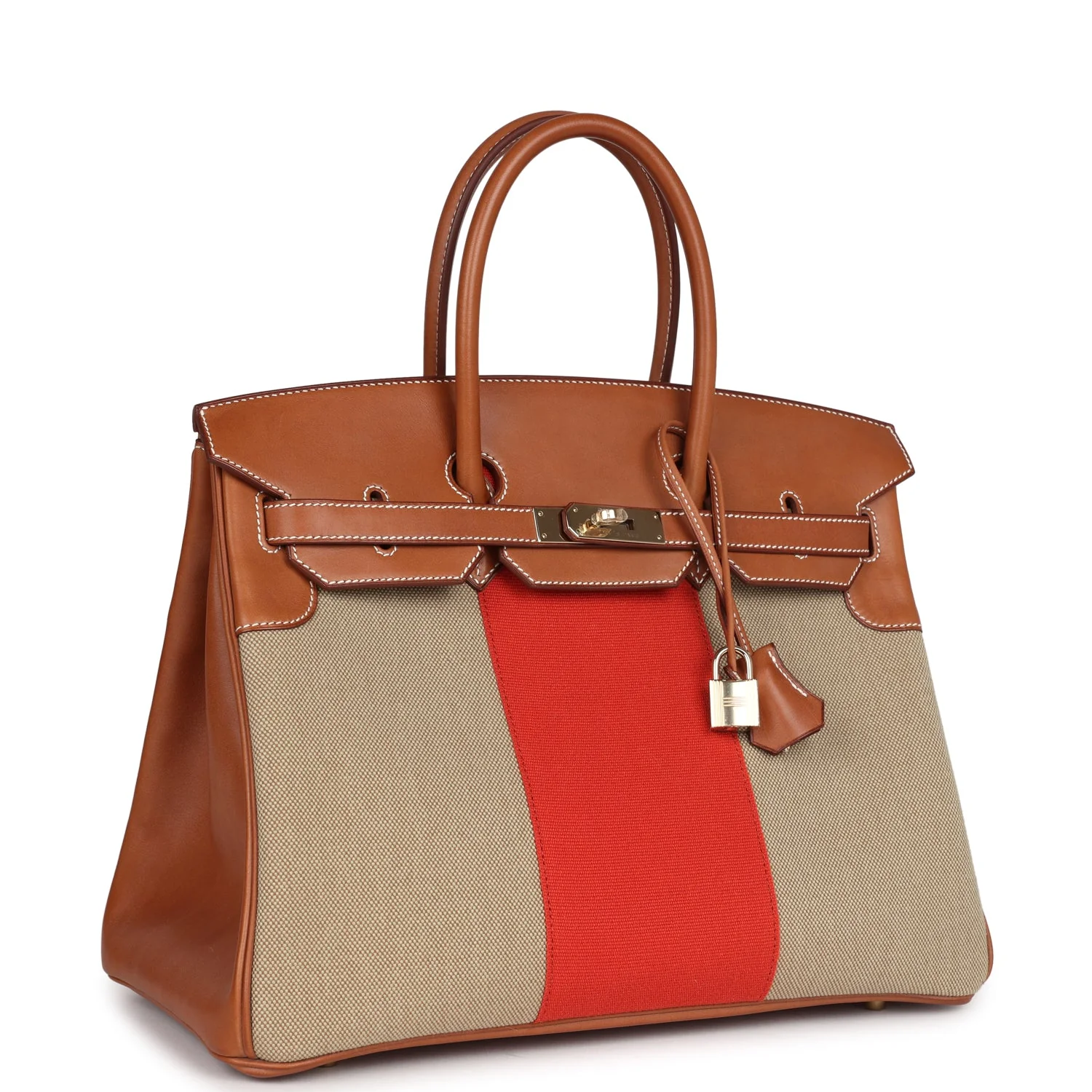 Replicate Hermes Birkin 35 Flag Ficelle and Paprika Toile H and Fauve Barenia Permabrass Hardware(1:1 replica)
