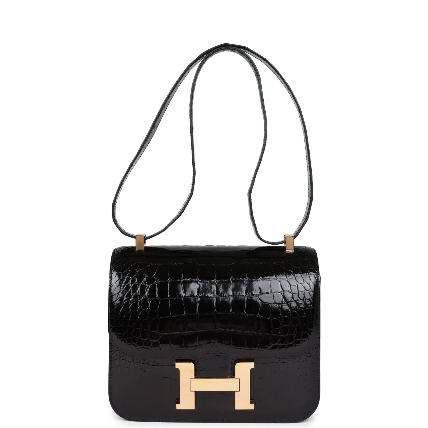 Replicate Hermes Constance 24 Black Shiny Alligator Rose Gold Hardware(1:1 replica)