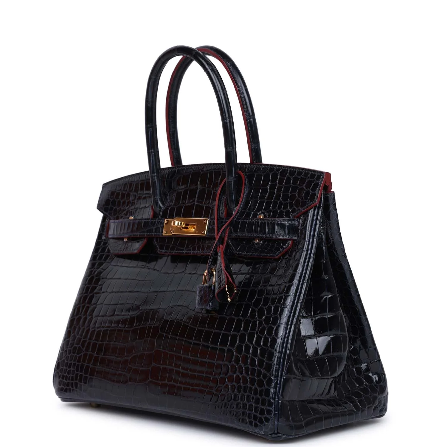 Replicate Hermes Birkin 30 Bleu Marine and Rouge H Contour Shiny Porosus Crocodile Gold Hardware(1:1 replica)