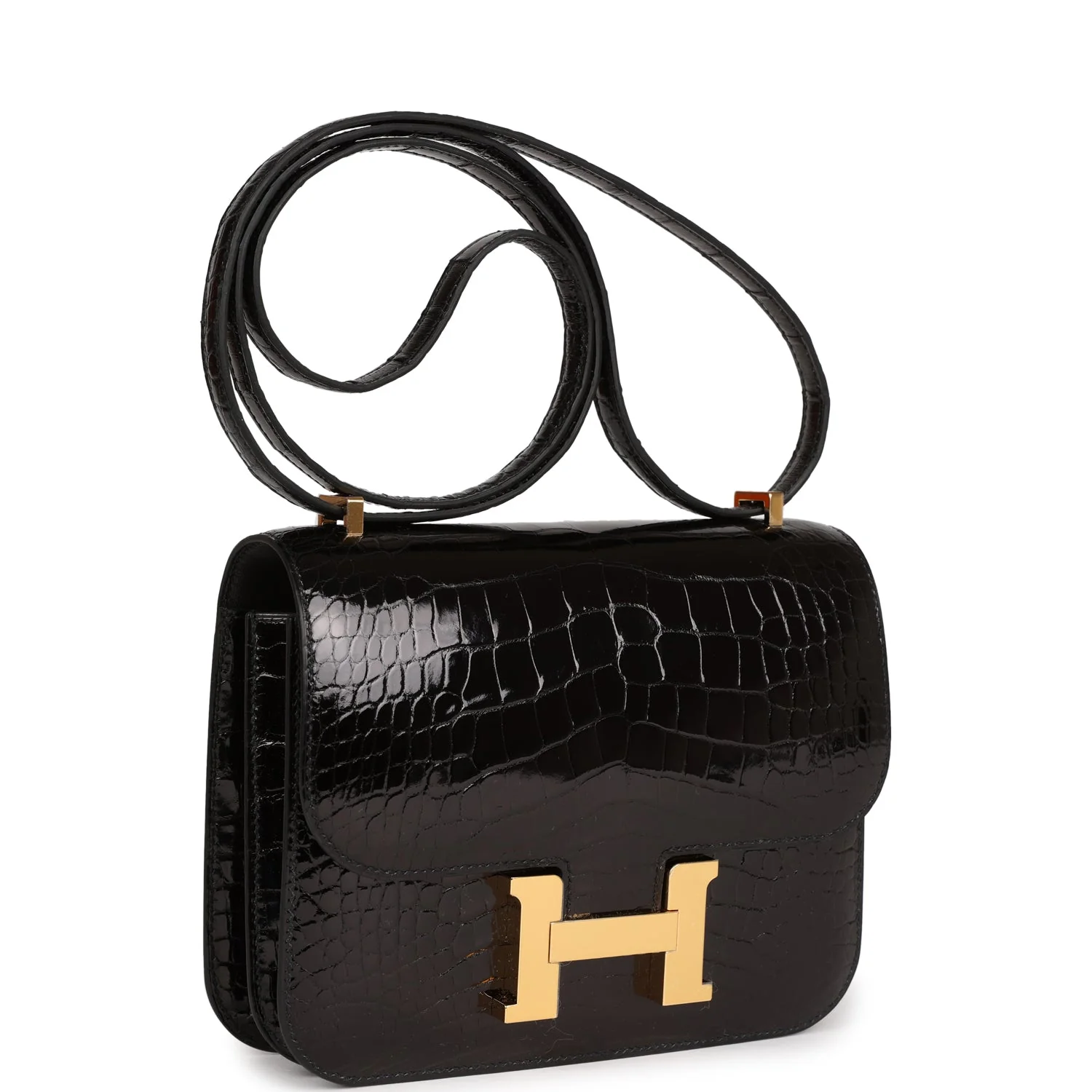 Replicate Hermes Constance 18 Black Shiny Alligator Gold Hardware(1:1 replica)