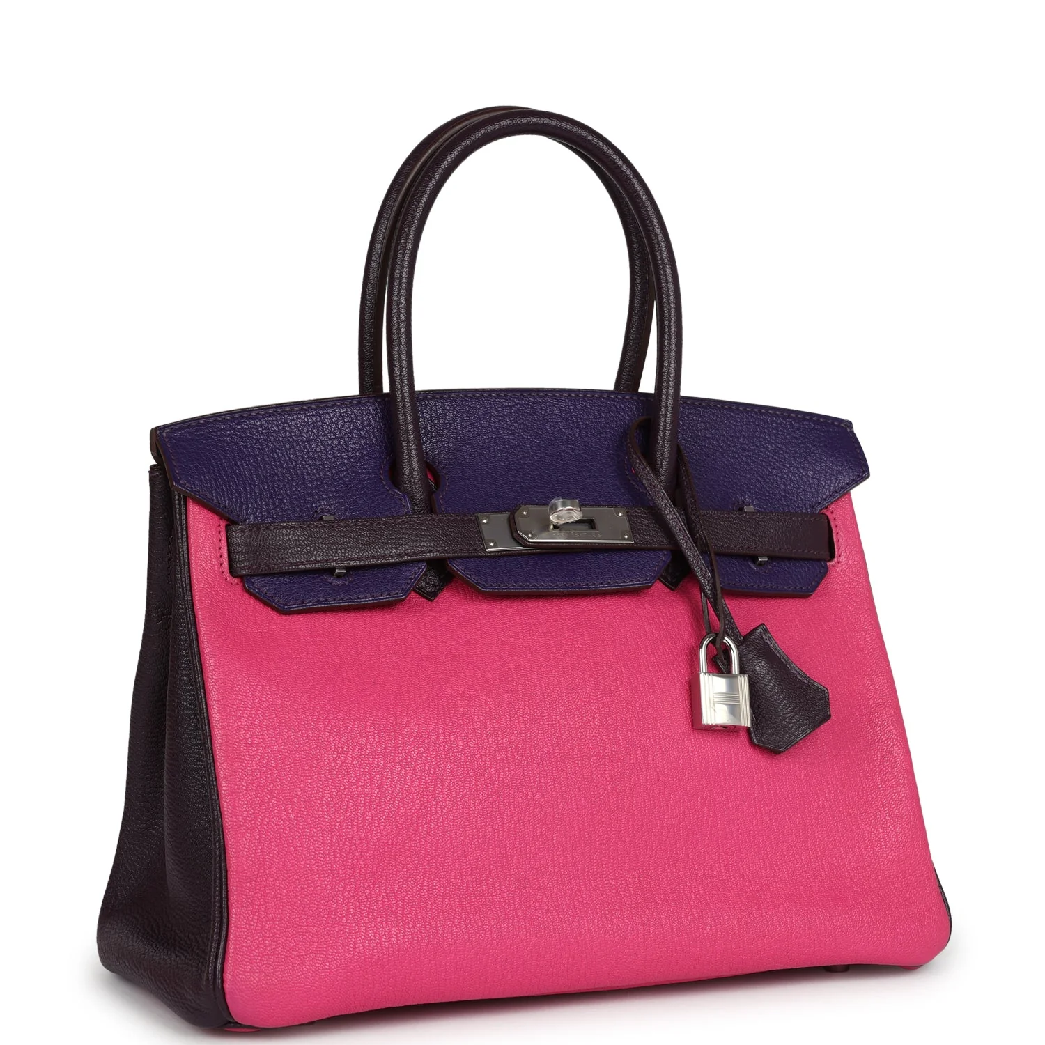 Replicate Hermes Special Order (HSS) Birkin 30 Tri-color Raisin, Ultraviolet and Rose Shocking Chevre Palladium Hardware(1:1 replica)